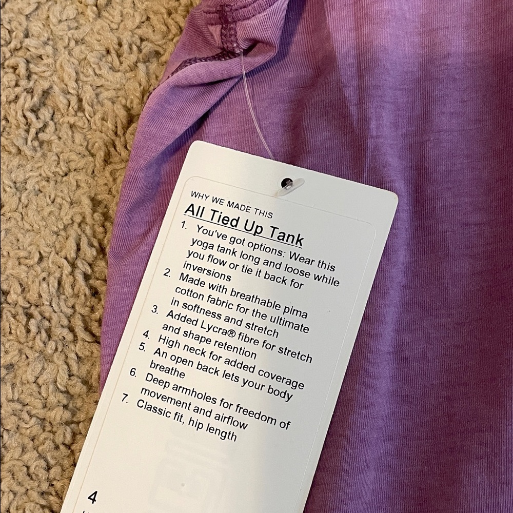 Lululemon ALL TIED UP TANK SIZE 4 NWT rustic lavender - Picture 11 of 11